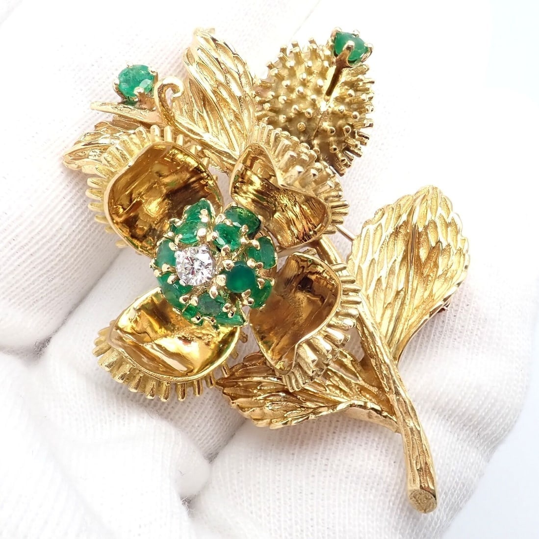 Rare! Tiffany & Co 18k Yellow Gold Diamond Emerald Flower Night & Day Brooch Pin - 6