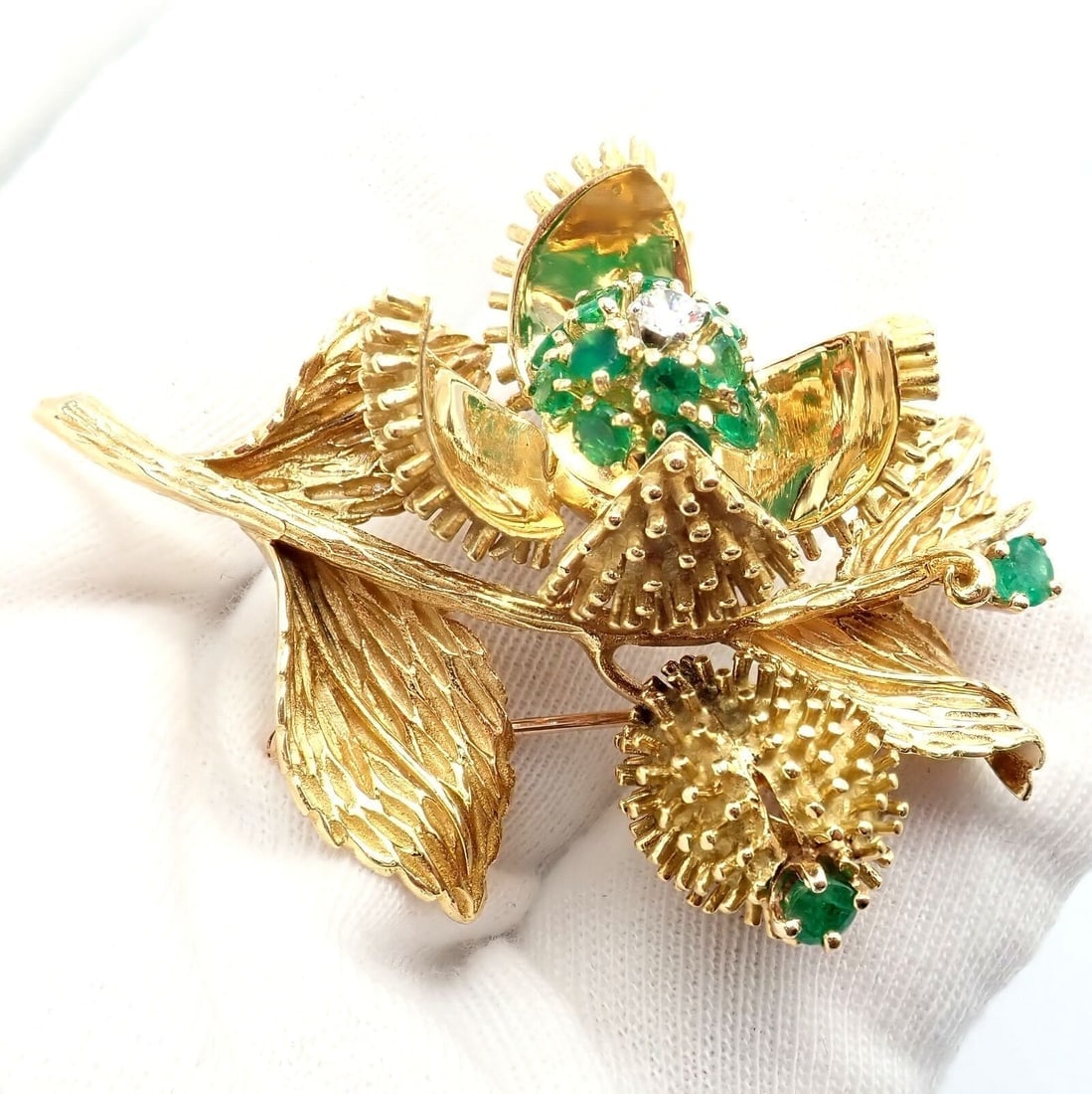 Rare! Tiffany & Co 18k Yellow Gold Diamond Emerald Flower Night & Day Brooch Pin - 7