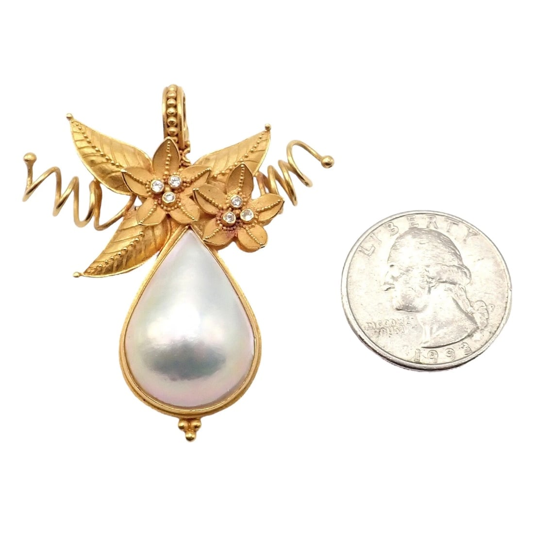 Vintage! Carolyn Tyler 22k Yellow Gold Mabe Pearl Diamond Pendant Pin Brooch - 3