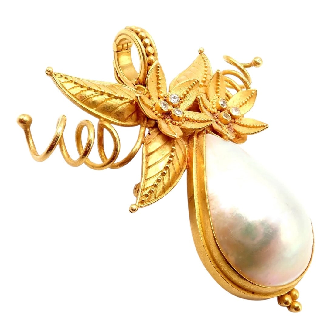 Vintage! Carolyn Tyler 22k Yellow Gold Mabe Pearl Diamond Pendant Pin Brooch - 5