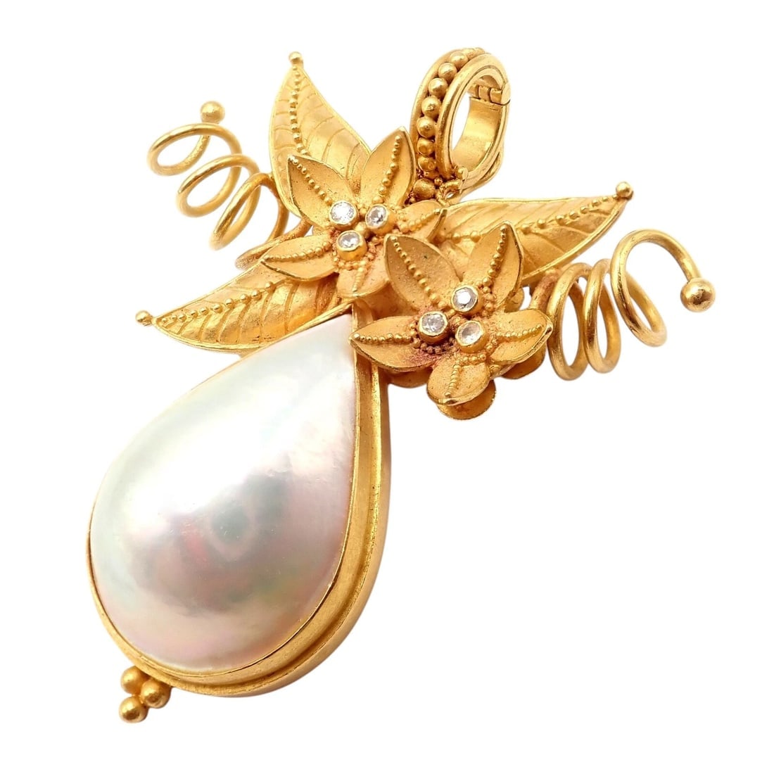 Vintage! Carolyn Tyler 22k Yellow Gold Mabe Pearl Diamond Pendant Pin Brooch - 6