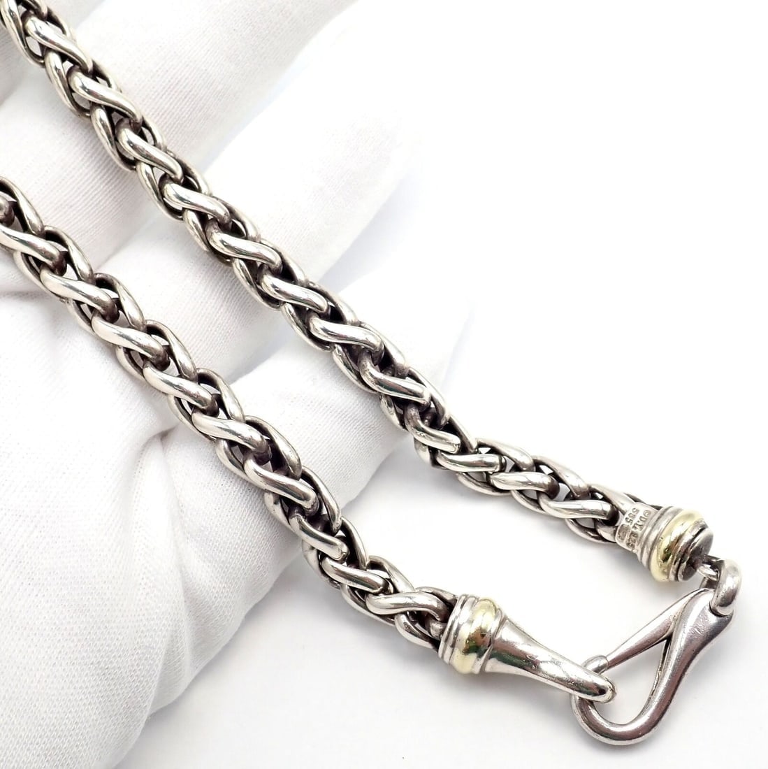 David Yurman DY Sterling Silver 14k Yellow Gold Wheat 8.5mm Chain Necklace 16" - 5