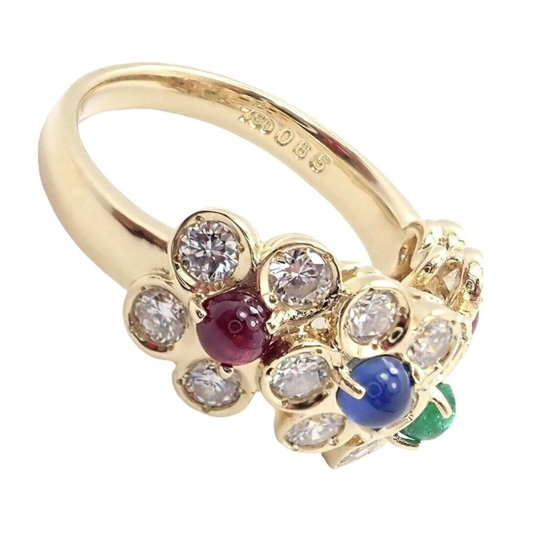 Rare! Authentic Christian Dior 18k Yellow Gold Ruby Emerald Diamond Flower Ring - 2