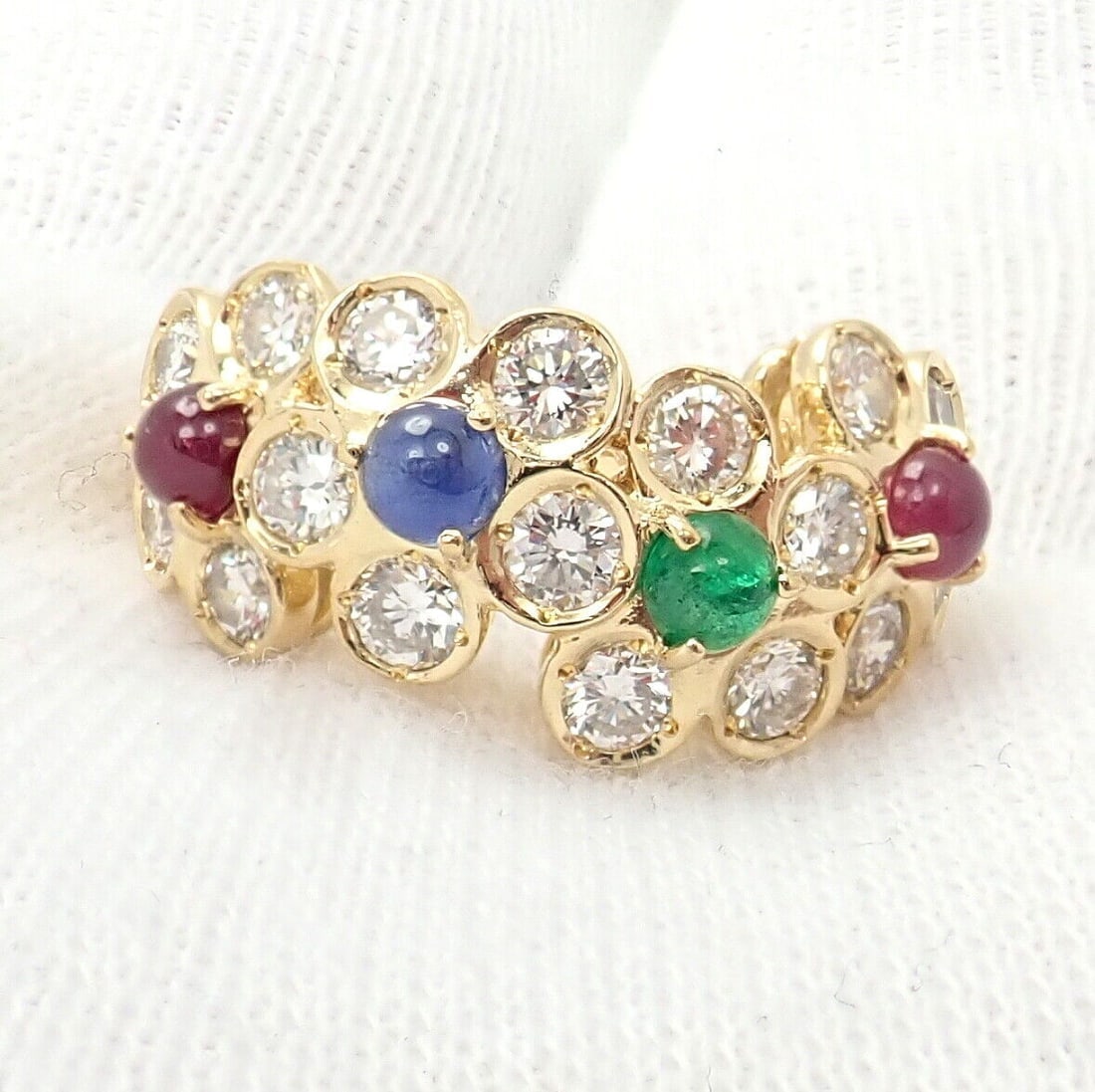 Rare! Authentic Christian Dior 18k Yellow Gold Ruby Emerald Diamond Flower Ring - 6