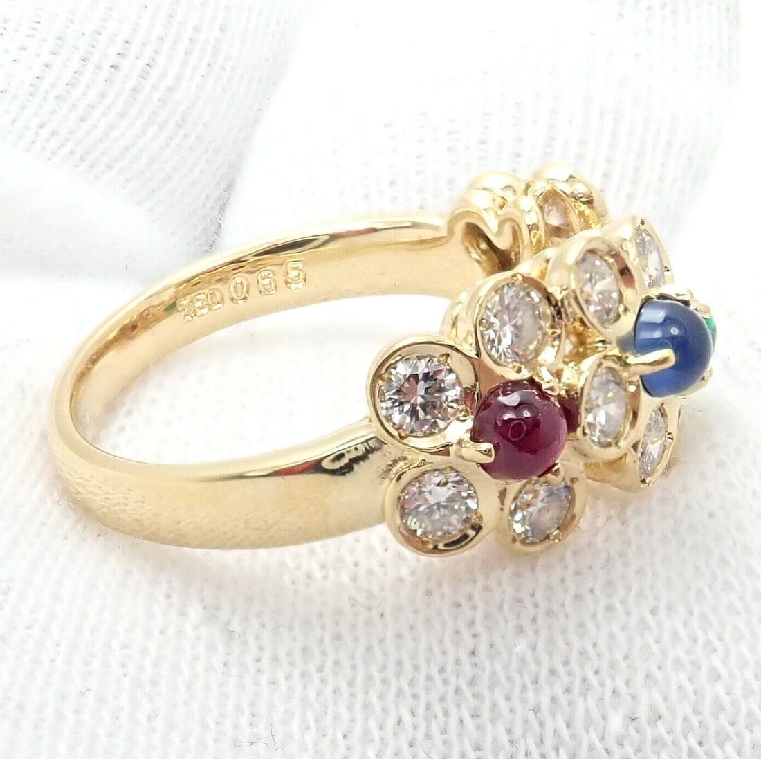 Rare! Authentic Christian Dior 18k Yellow Gold Ruby Emerald Diamond Flower Ring - 7