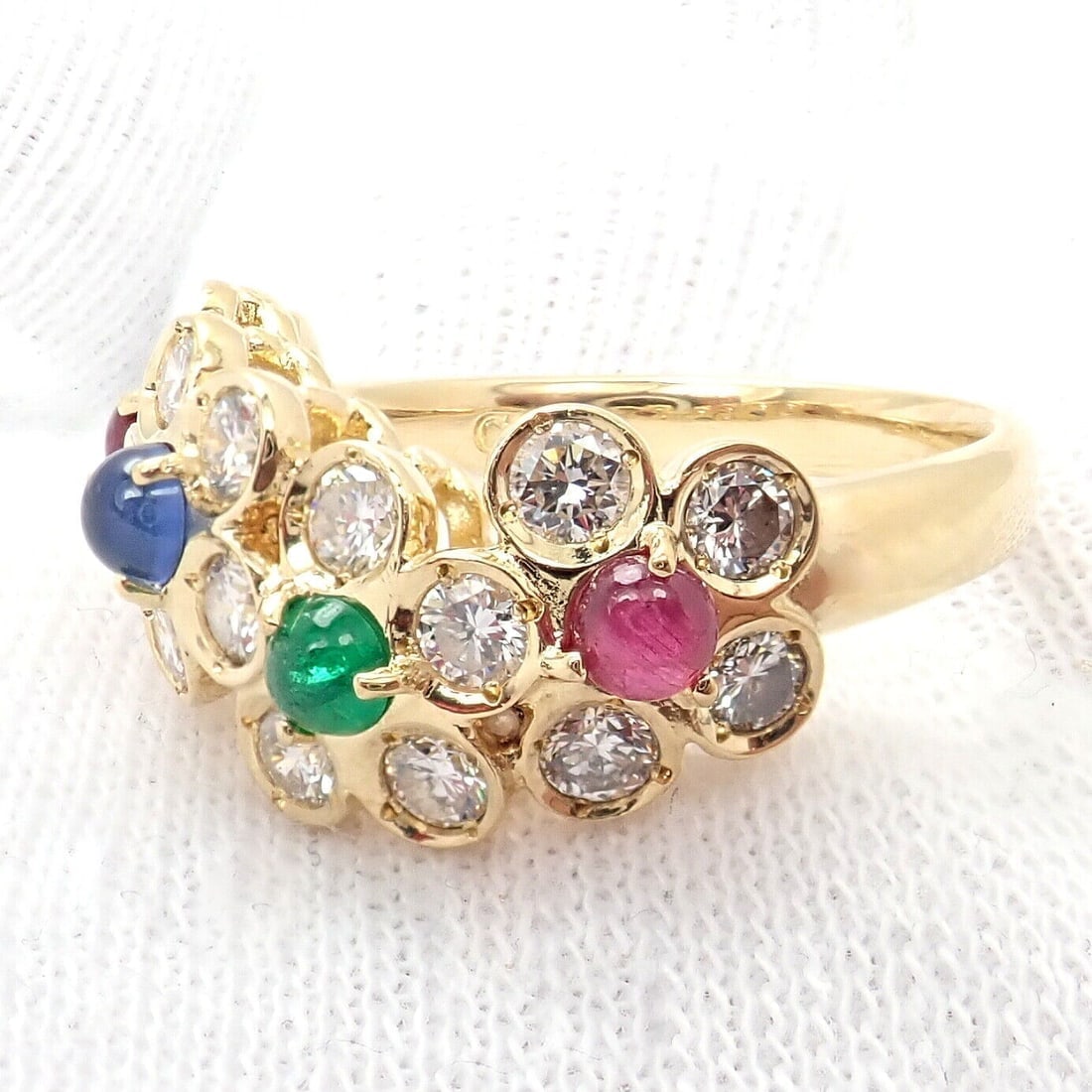 Rare! Authentic Christian Dior 18k Yellow Gold Ruby Emerald Diamond Flower Ring - 8