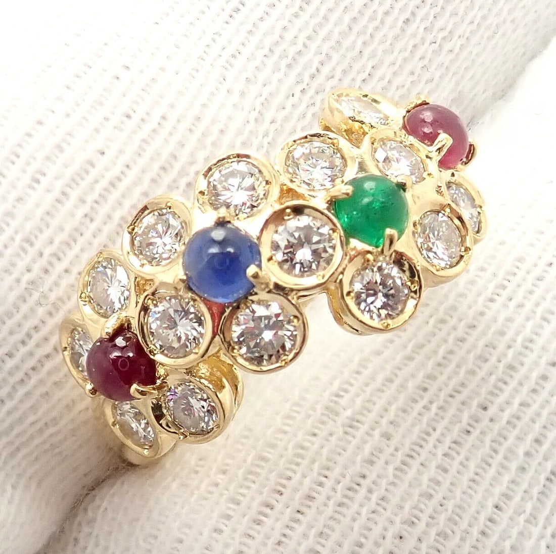 Rare! Authentic Christian Dior 18k Yellow Gold Ruby Emerald Diamond Flower Ring - 9