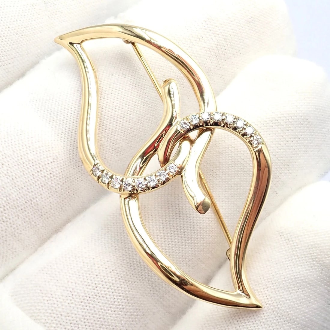 Authentic! Tiffany & Co 18k Yellow Gold Diamond Two Leaf Double Brooch Pin 1987 - 2