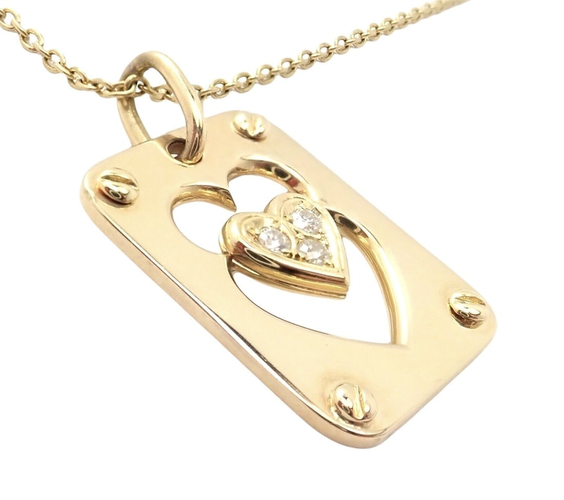 Rare! Christian Dior 18k Yellow Gold Diamond Ace Of Hearts Card Pendant Necklace - 6