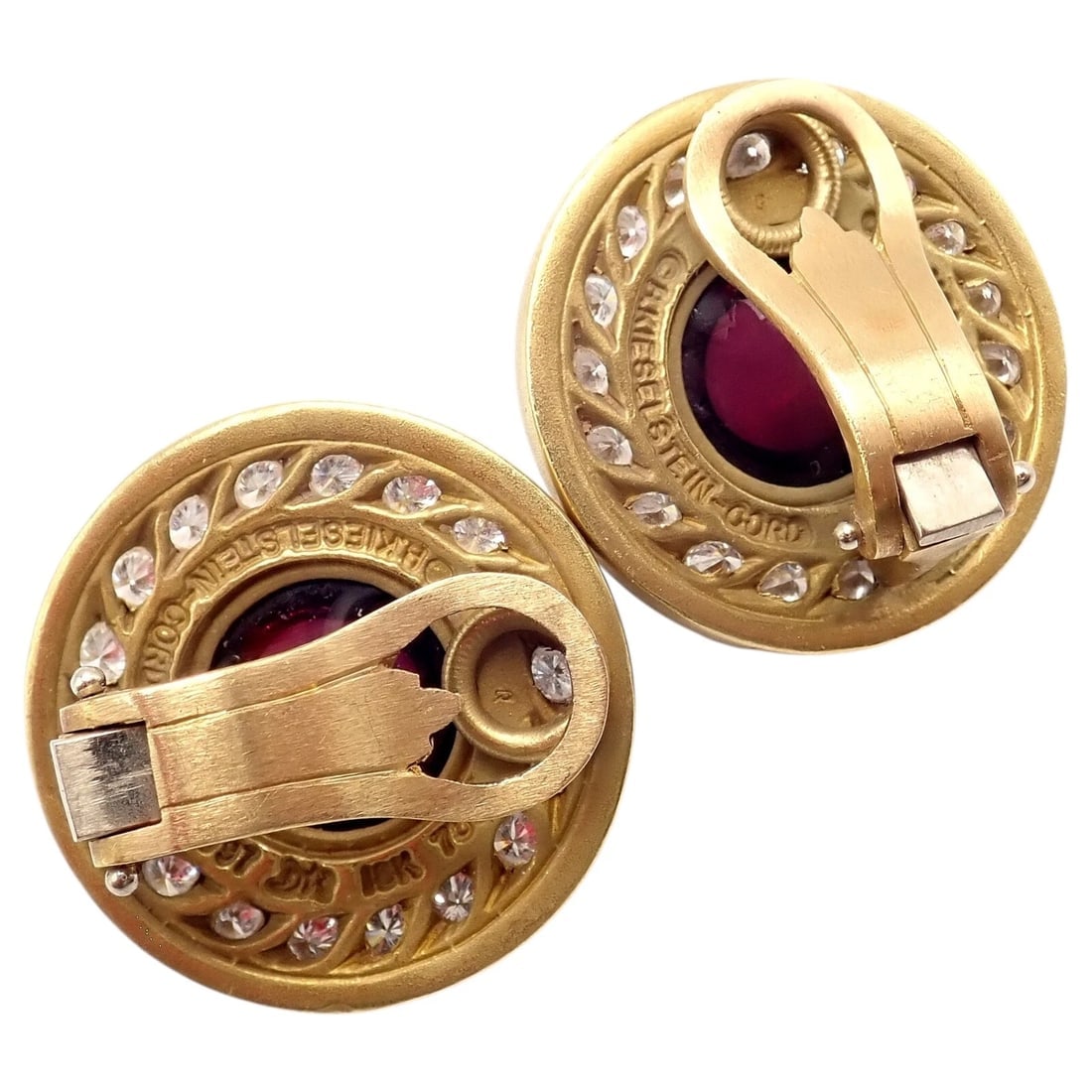 Rare! Vintage Kieselstein Cord 18k Yellow Gold Garnet Diamond Earrings 1997 - 2