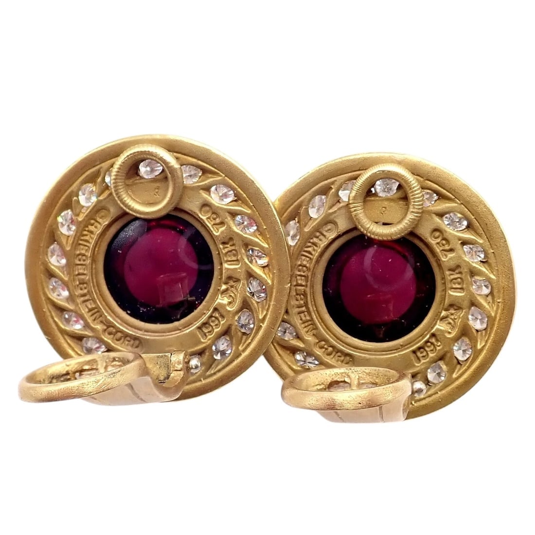Rare! Vintage Kieselstein Cord 18k Yellow Gold Garnet Diamond Earrings 1997 - 9