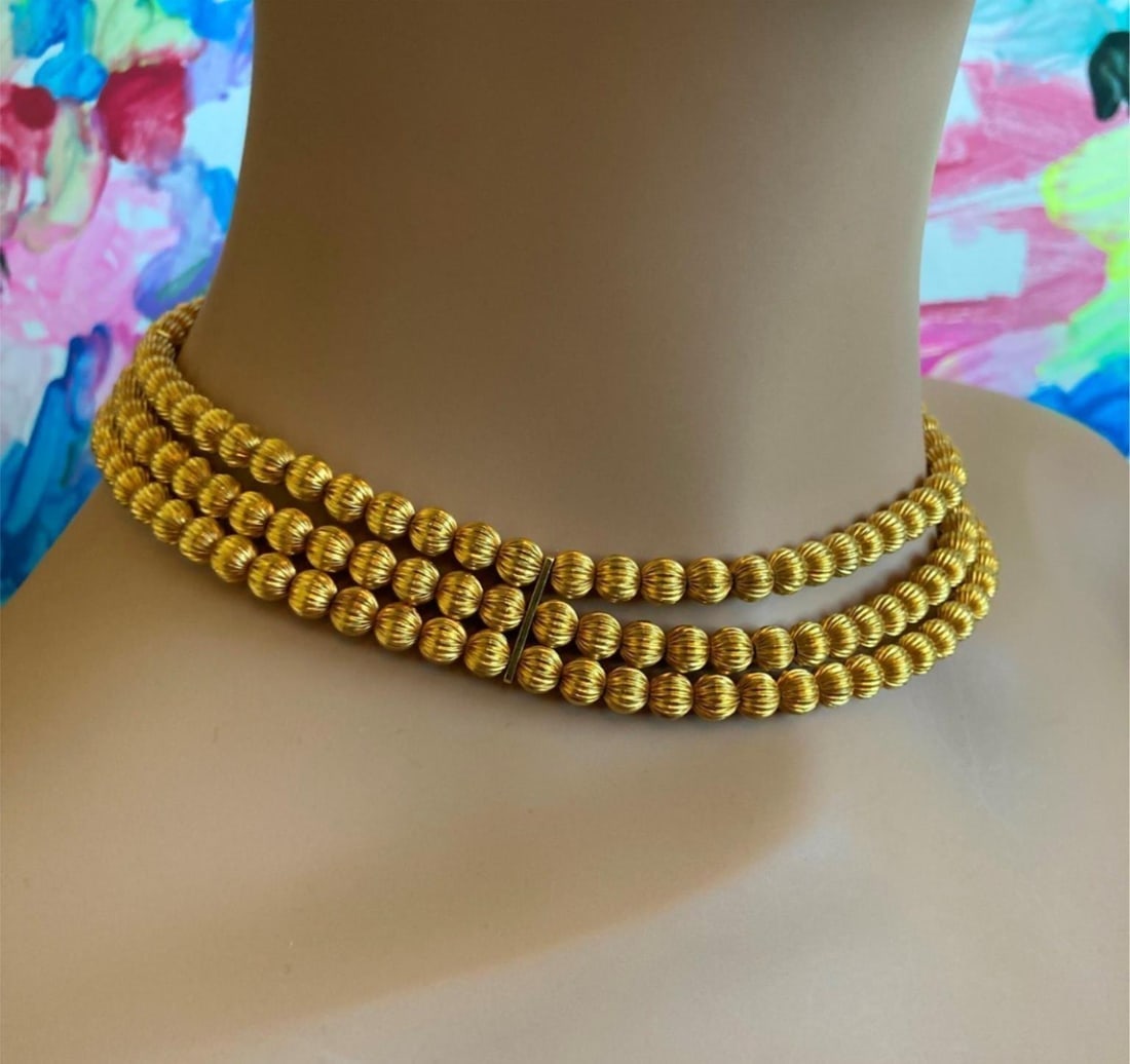 Vintage Estate Ilias Lalaounis 18k Yellow Gold Carved Bead Ball Necklace - 6