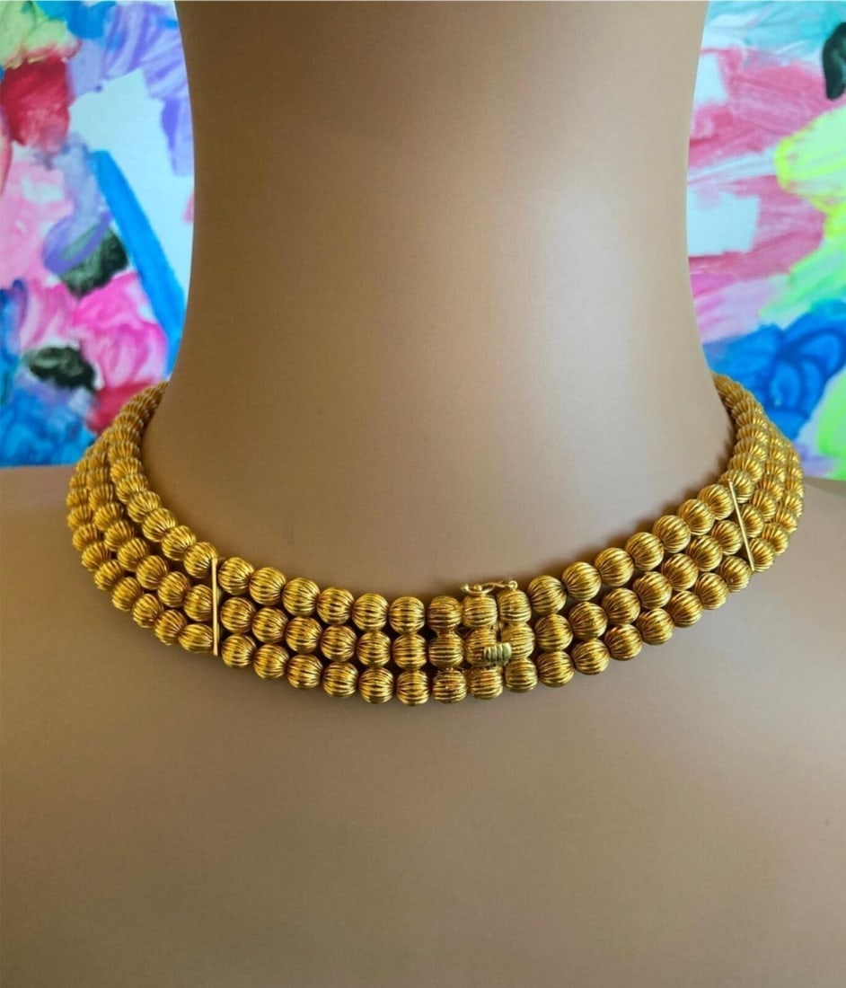 Vintage Estate Ilias Lalaounis 18k Yellow Gold Carved Bead Ball Necklace - 7