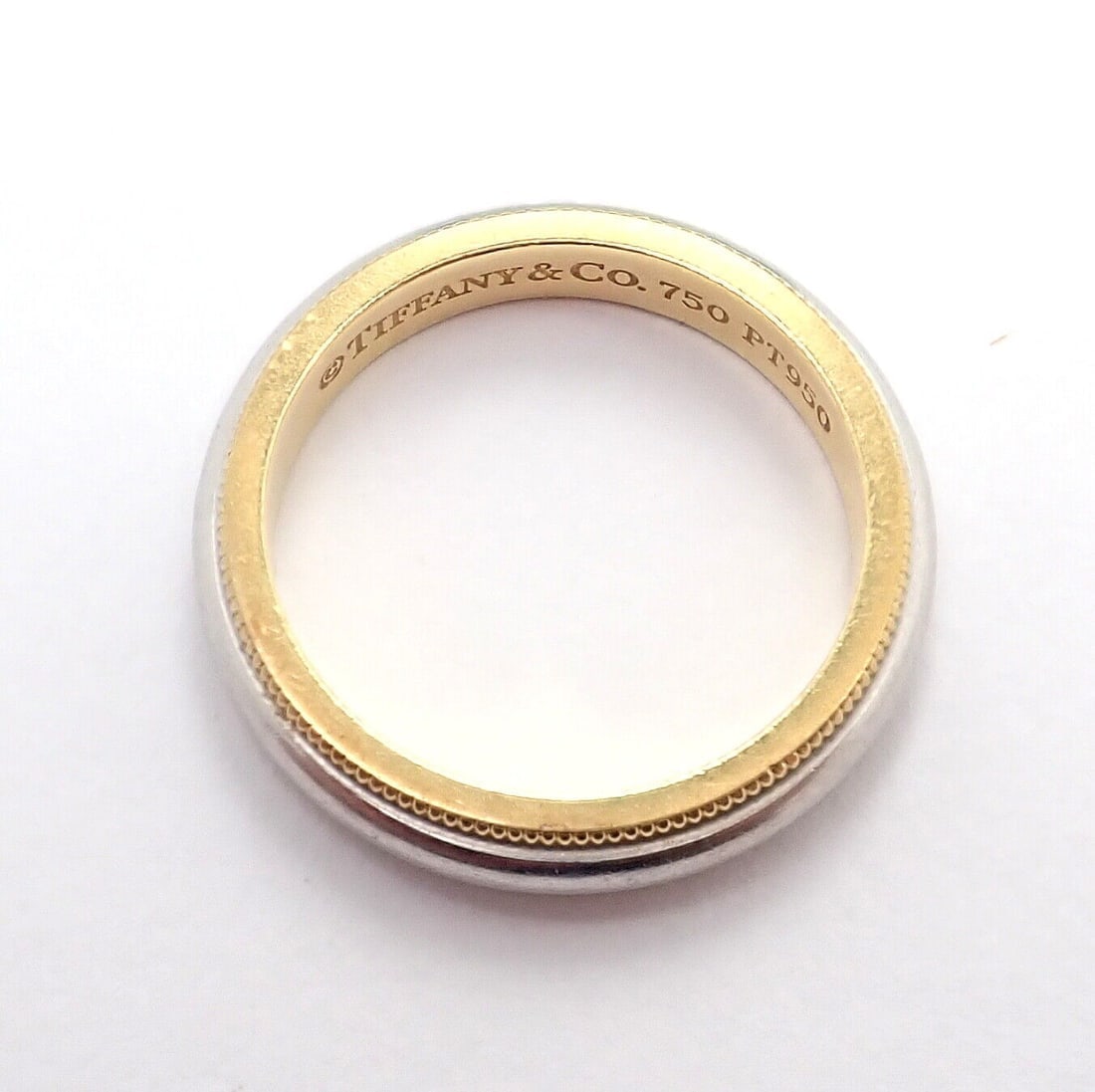 Tiffany & Co. 18k Yellow Gold Platinum 4mm Band Classic Milgrain Ring Sz 5 - 4
