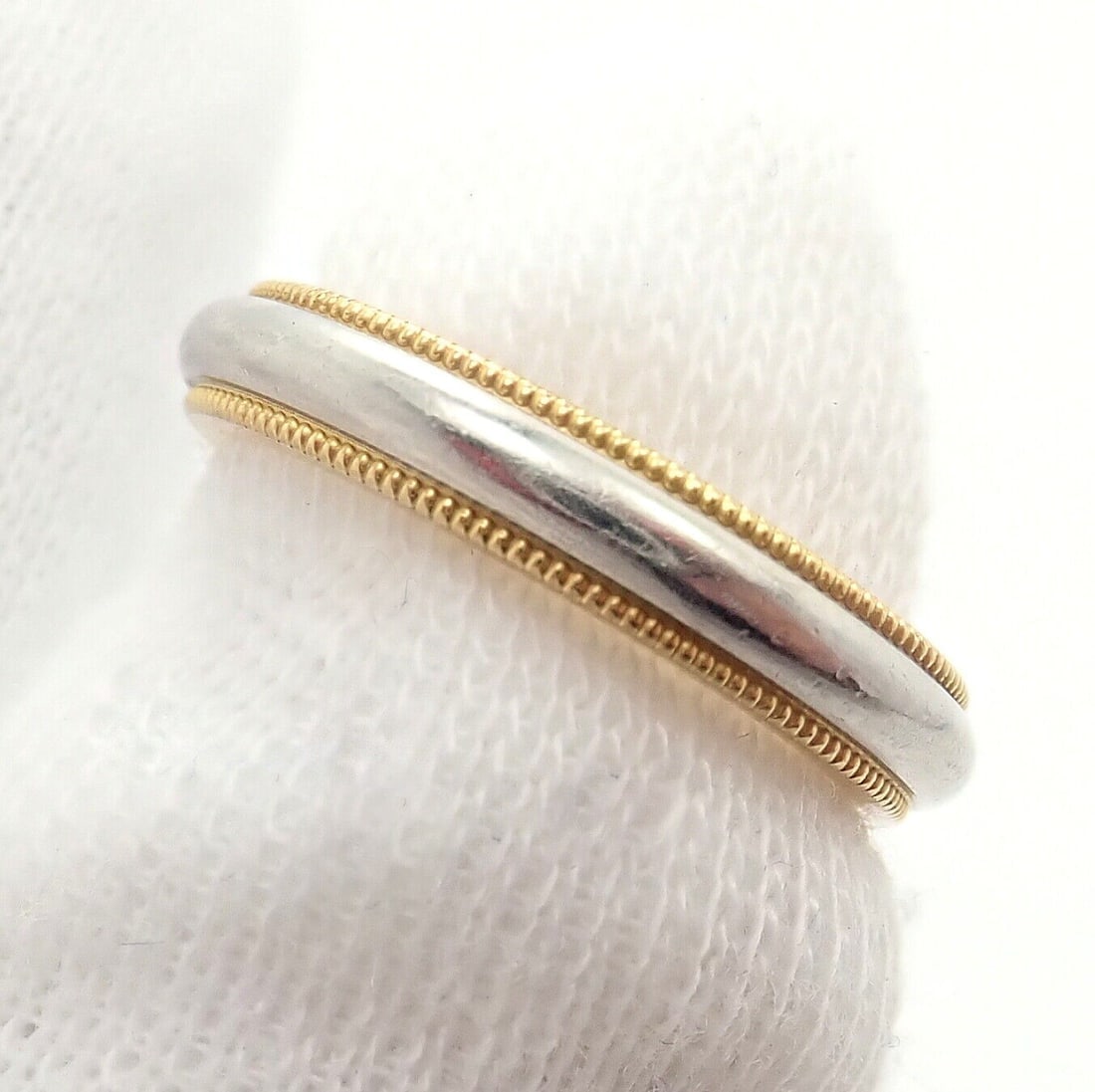 Tiffany & Co. 18k Yellow Gold Platinum 4mm Band Classic Milgrain Ring Sz 5 - 6