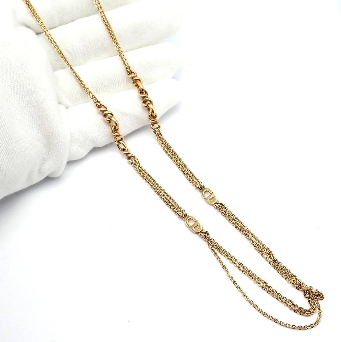 Vintage! Christian Dior Solid 18k Gold CD Three Strand 28" Long Necklace Germany - 6