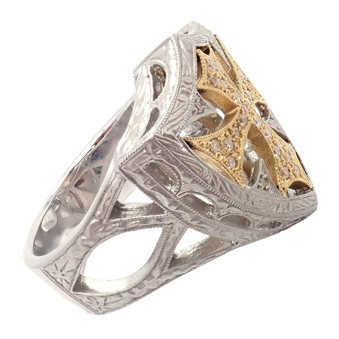 Authentic Loree Rodkin 18k White Yellow Gold Diamond Cross Shield Crest Ring - 10