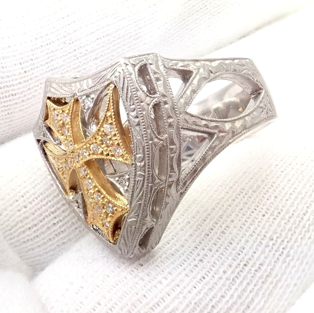 Authentic Loree Rodkin 18k White Yellow Gold Diamond Cross Shield Crest Ring - 4