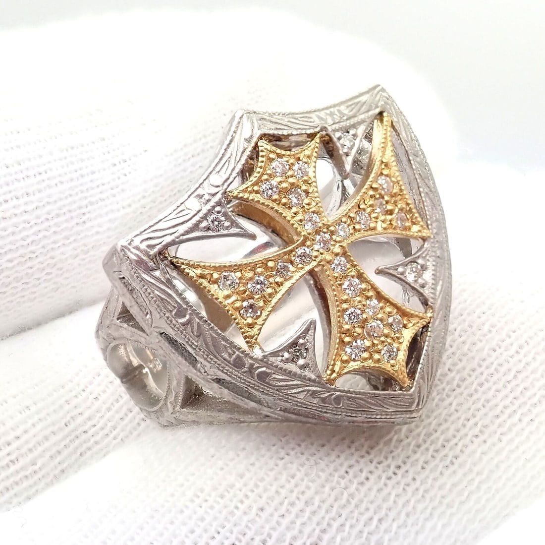 Authentic Loree Rodkin 18k White Yellow Gold Diamond Cross Shield Crest Ring - 9