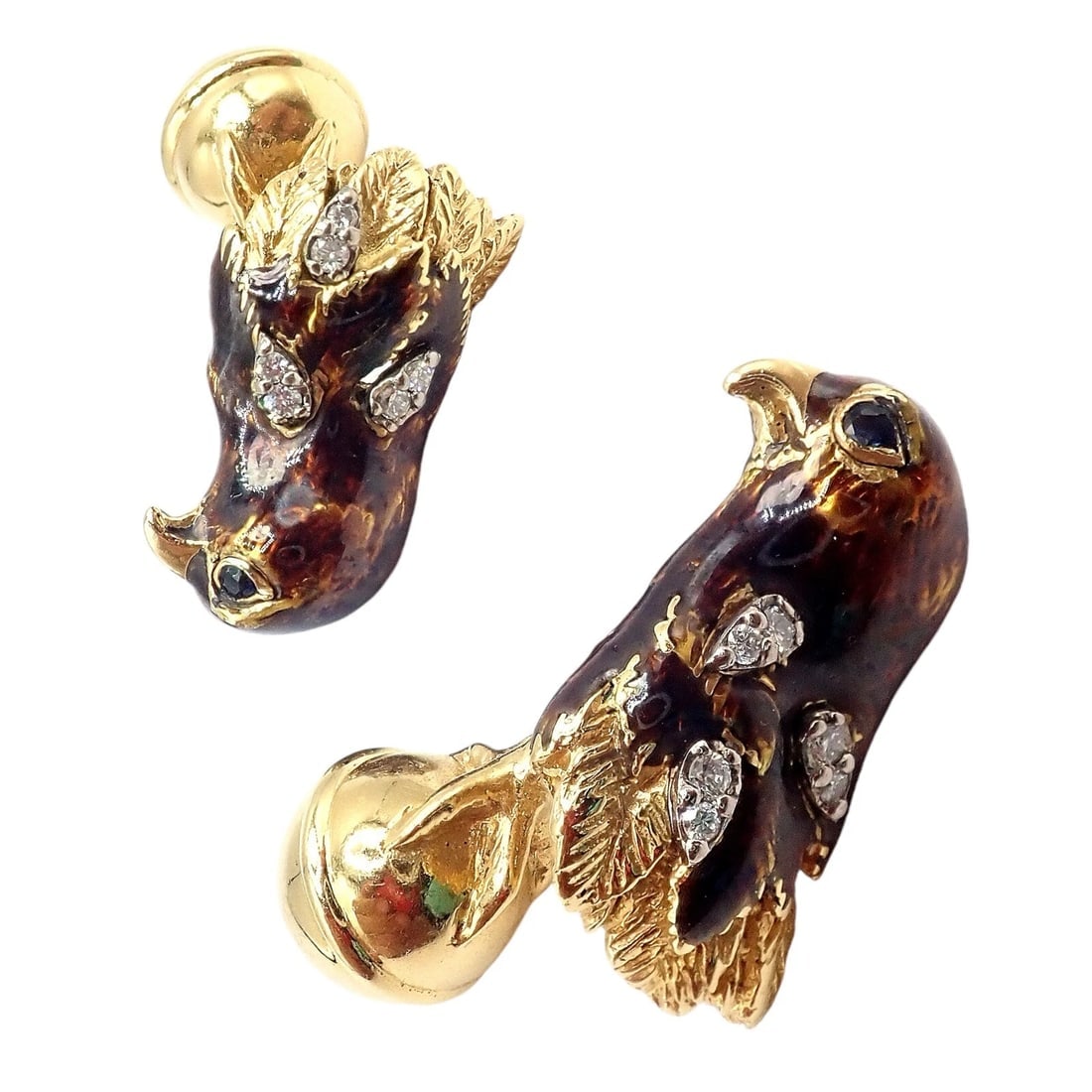 Vintage Tiffany & Co. 18k Yellow Gold Diamond Enamel Falcon Eagle Bird Cufflinks - 10