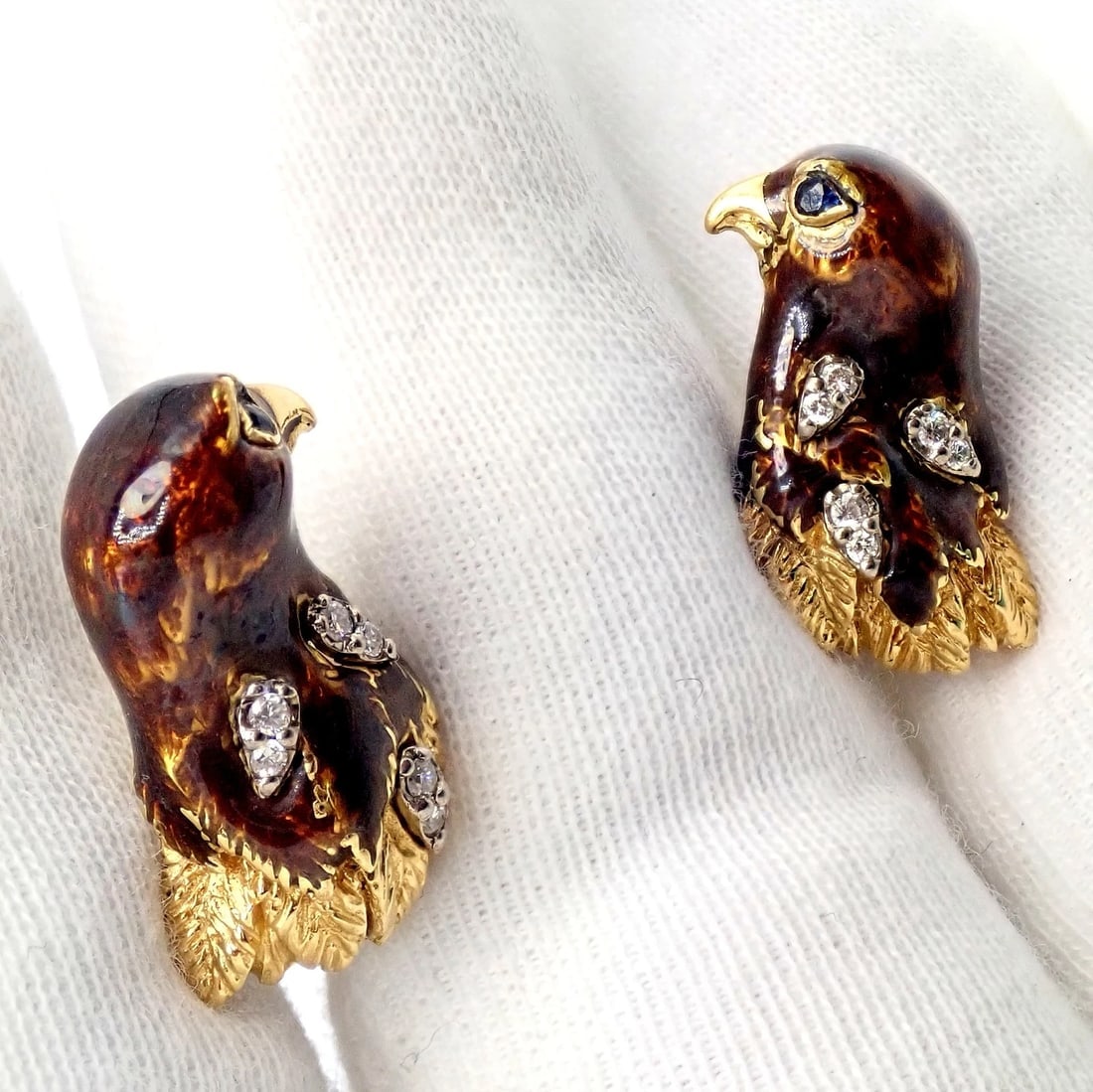 Vintage Tiffany & Co. 18k Yellow Gold Diamond Enamel Falcon Eagle Bird Cufflinks - 4