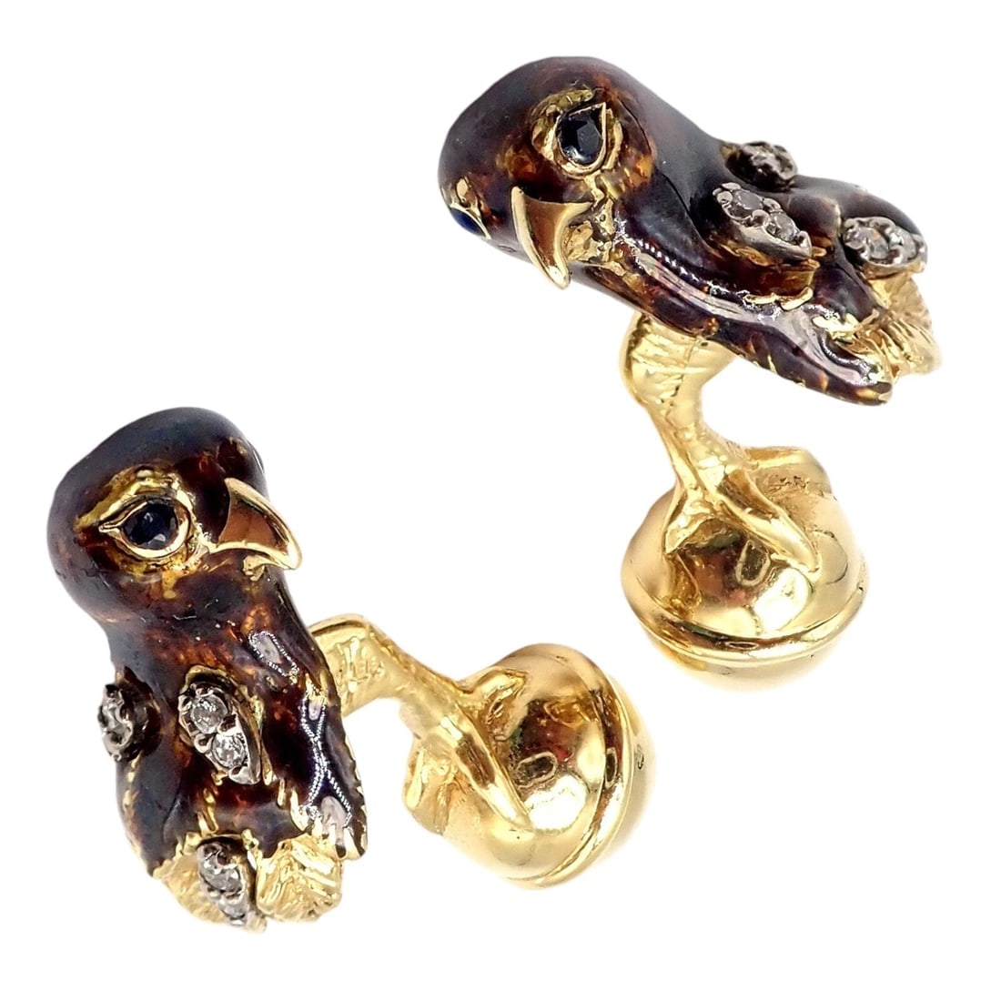 Vintage Tiffany & Co. 18k Yellow Gold Diamond Enamel Falcon Eagle Bird Cufflinks - 6