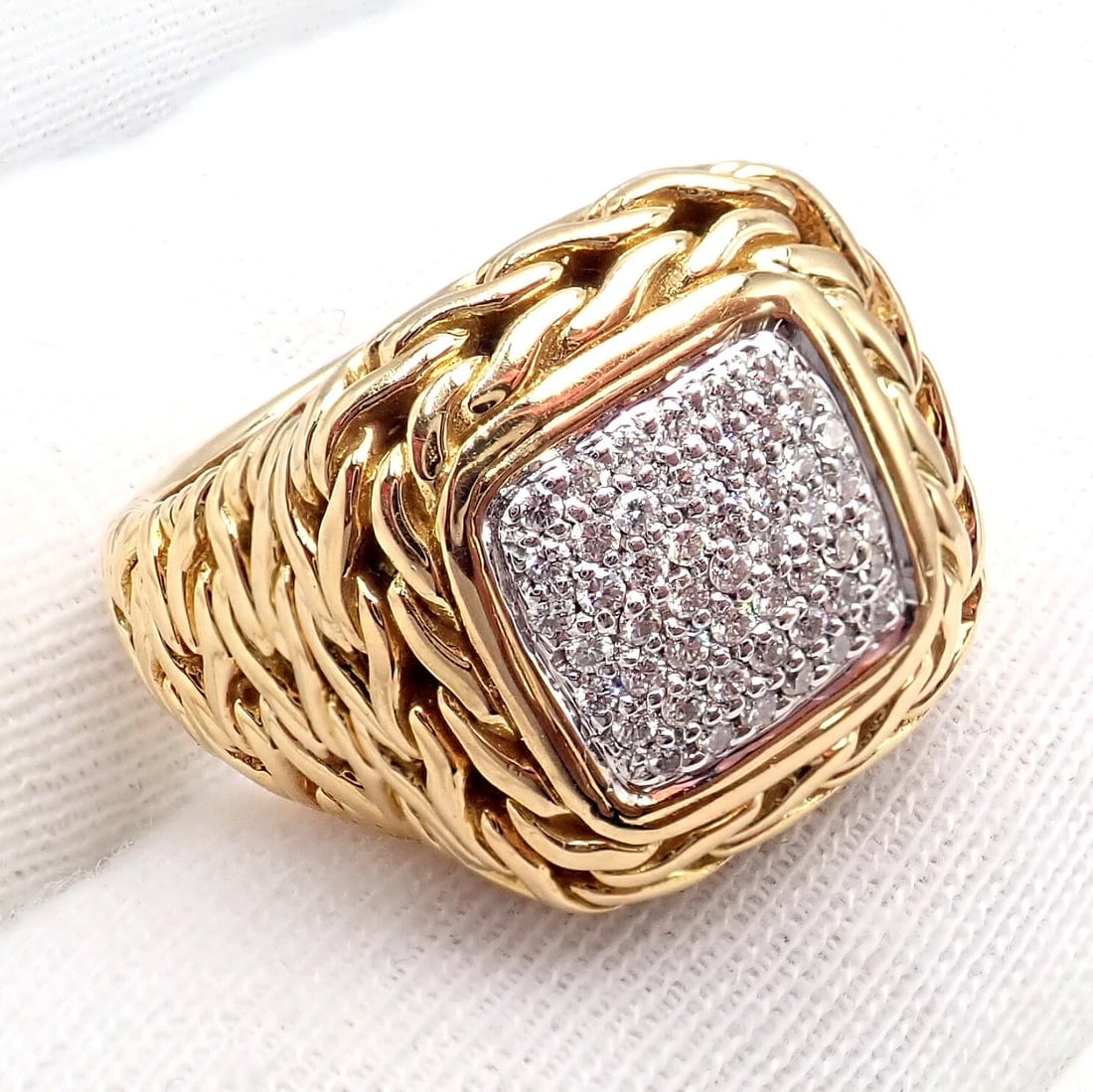 Authentic! John Hardy JH 18k Yellow Gold Diamond Square Signet Signature Ring - 5
