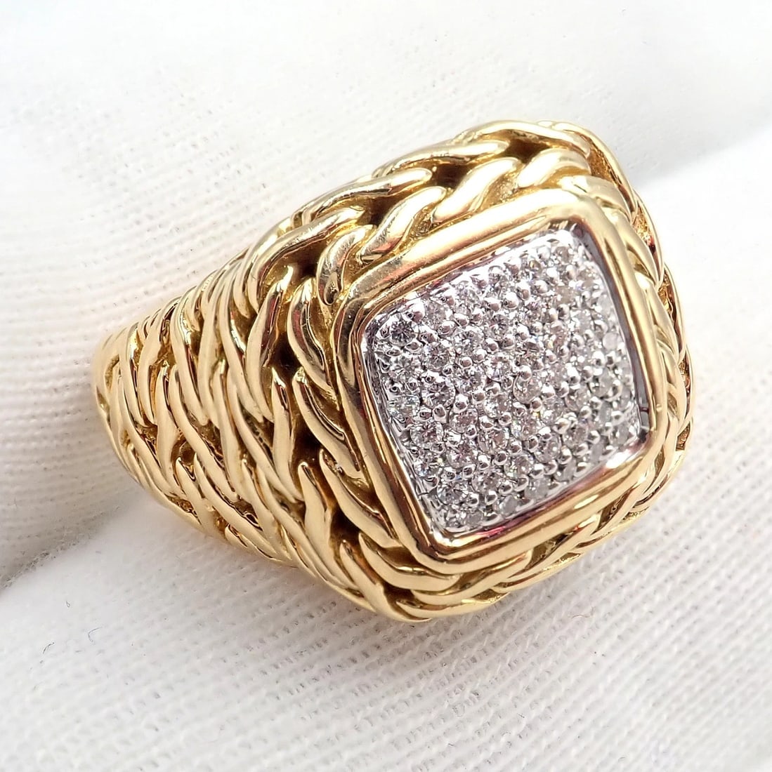 Authentic! John Hardy JH 18k Yellow Gold Diamond Square Signet Signature Ring - 7