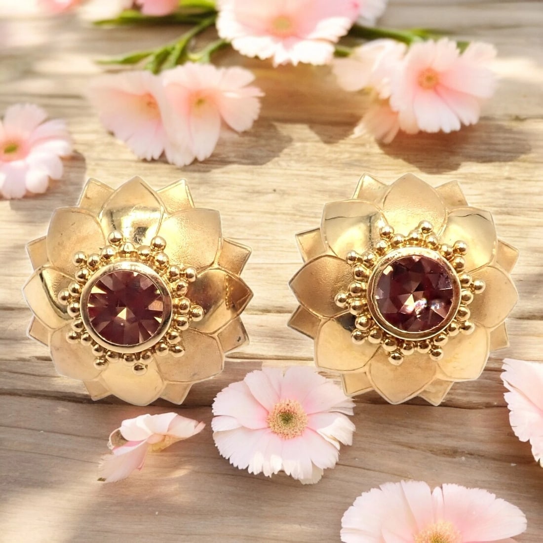 Rare! Vintage Paula Crevoshay 18k Gold Brown Zircon Round Flower Earrings OOAK (1 of 10)