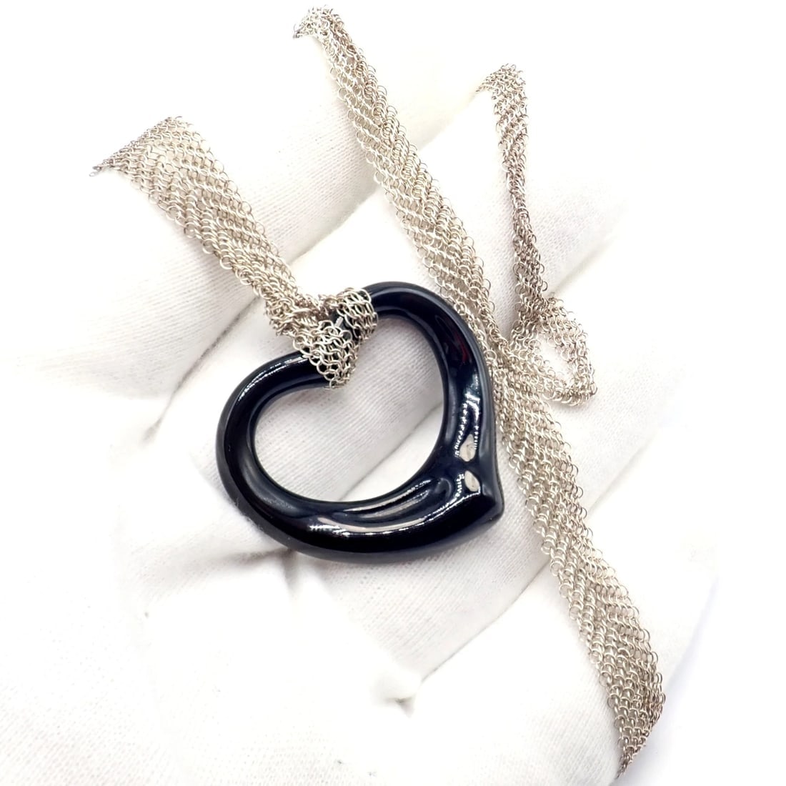 Tiffany & Co Silver Peretti 35mm Large Open Onyx Heart Pendant 28" Mesh Necklace - 5