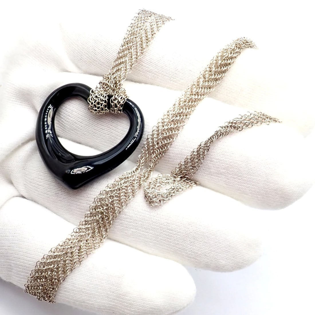 Tiffany & Co Silver Peretti 35mm Large Open Onyx Heart Pendant 28" Mesh Necklace - 6