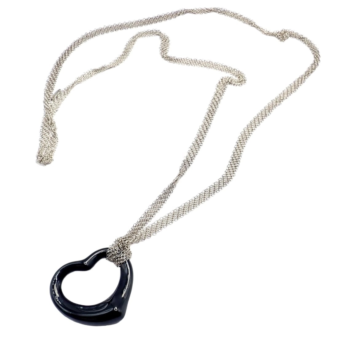 Tiffany & Co Silver Peretti 35mm Large Open Onyx Heart Pendant 28" Mesh Necklace - 7