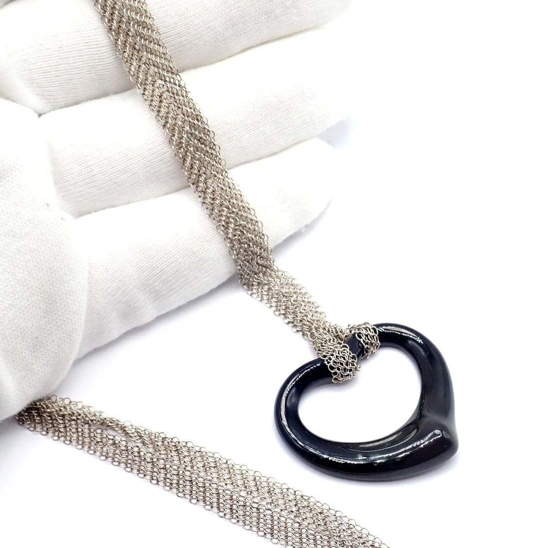 Tiffany & Co Silver Peretti 35mm Large Open Onyx Heart Pendant 28" Mesh Necklace - 8