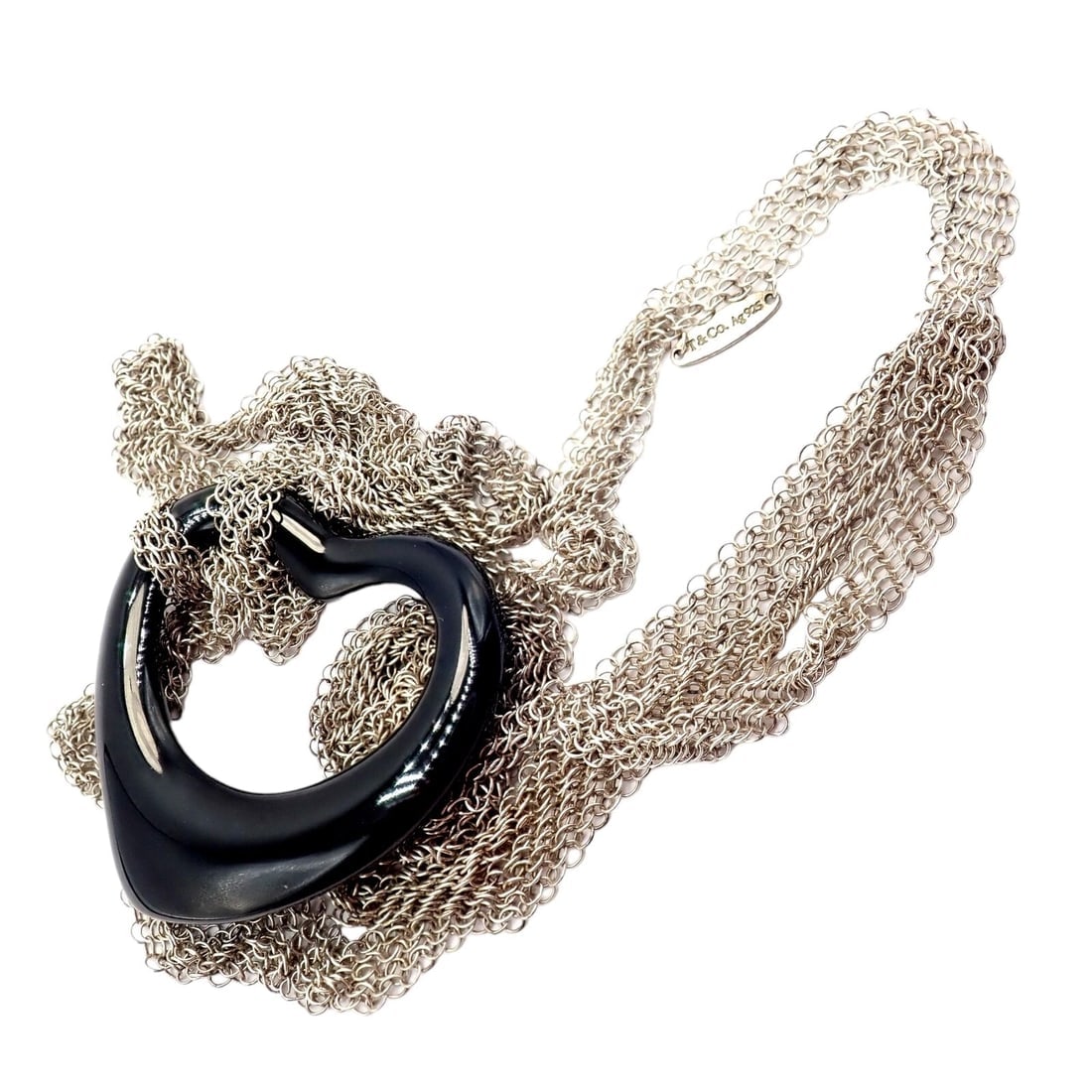 Tiffany & Co Silver Peretti 35mm Large Open Onyx Heart Pendant 28" Mesh Necklace - 9