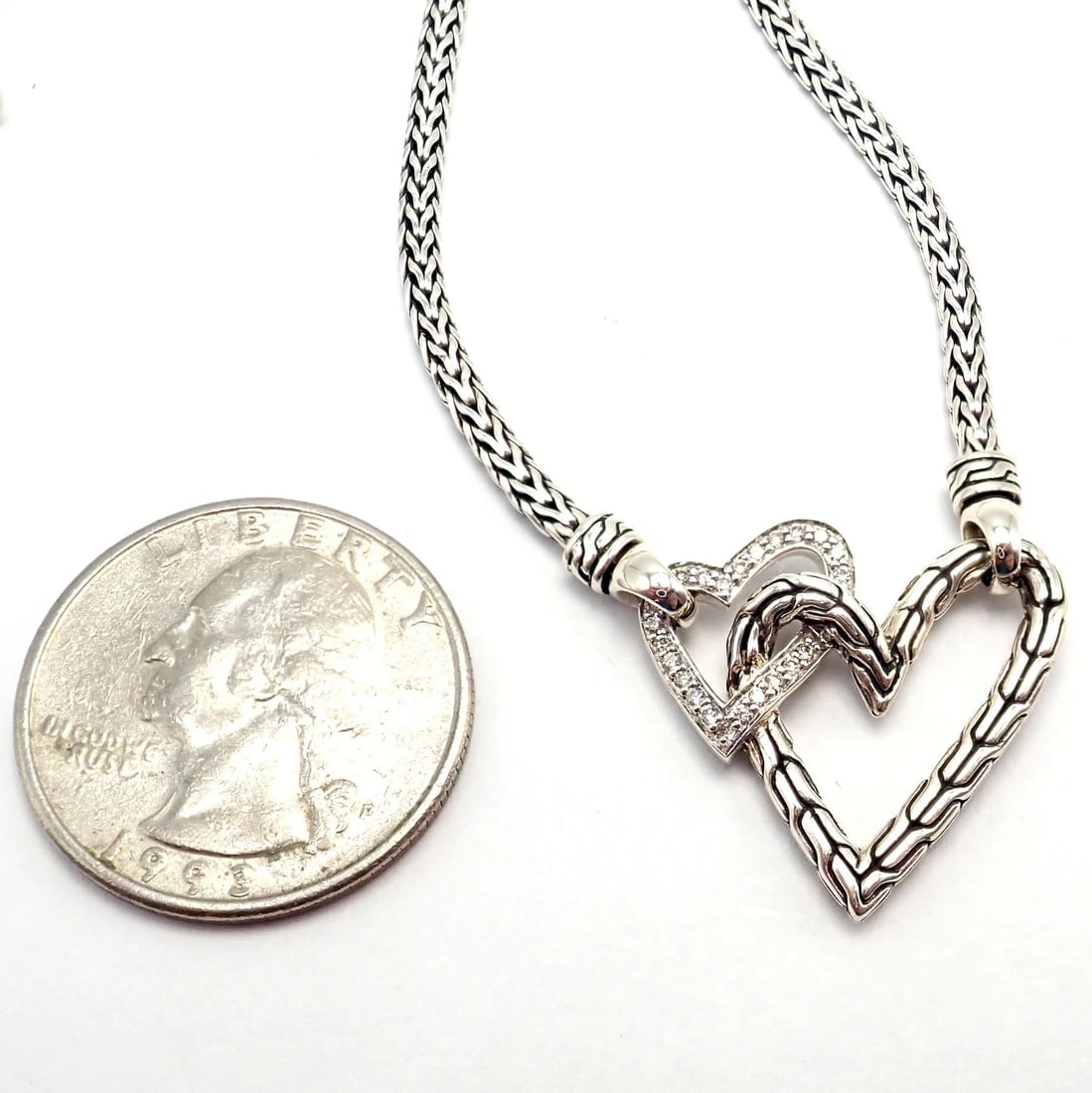 Authentic! John Hardy JH Silver Diamond Double Heart Manah Necklace - 2