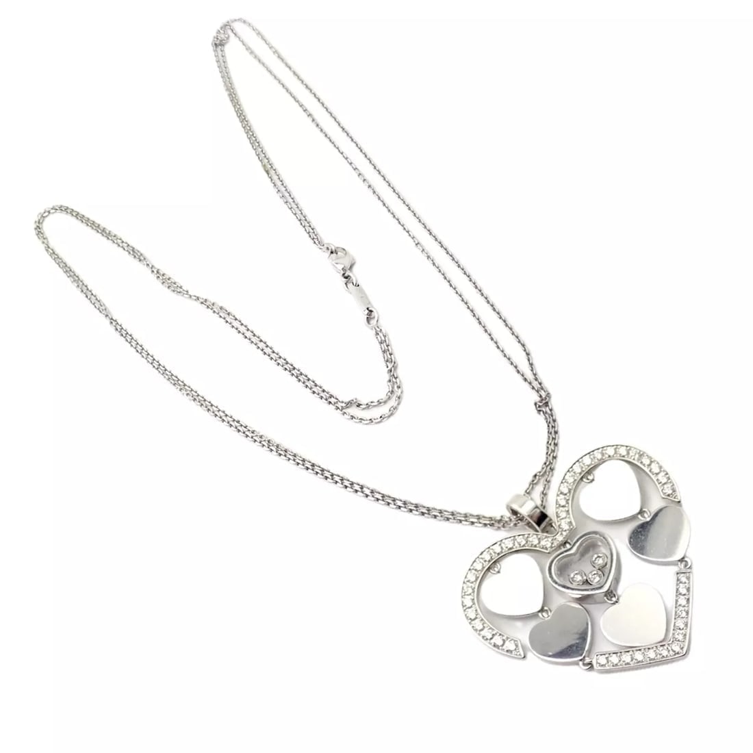 Authentic! Chopard 18k White Gold Large Double Happy Hearts Diamond Necklace - 10