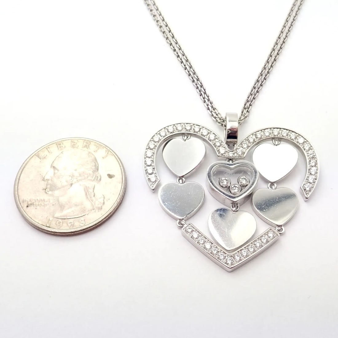 Authentic! Chopard 18k White Gold Large Double Happy Hearts Diamond Necklace (1 of 10)