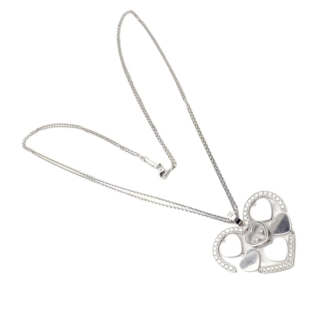 Authentic! Chopard 18k White Gold Large Double Happy Hearts Diamond Necklace - 2