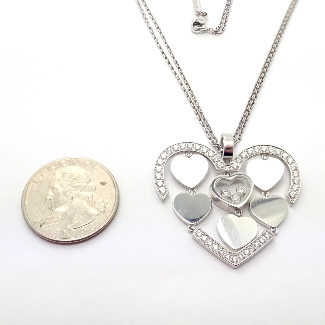 Authentic! Chopard 18k White Gold Large Double Happy Hearts Diamond Necklace - 6