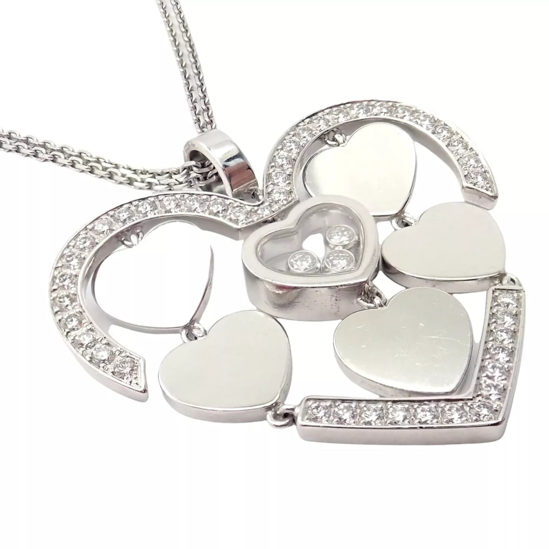 Authentic! Chopard 18k White Gold Large Double Happy Hearts Diamond Necklace - 9