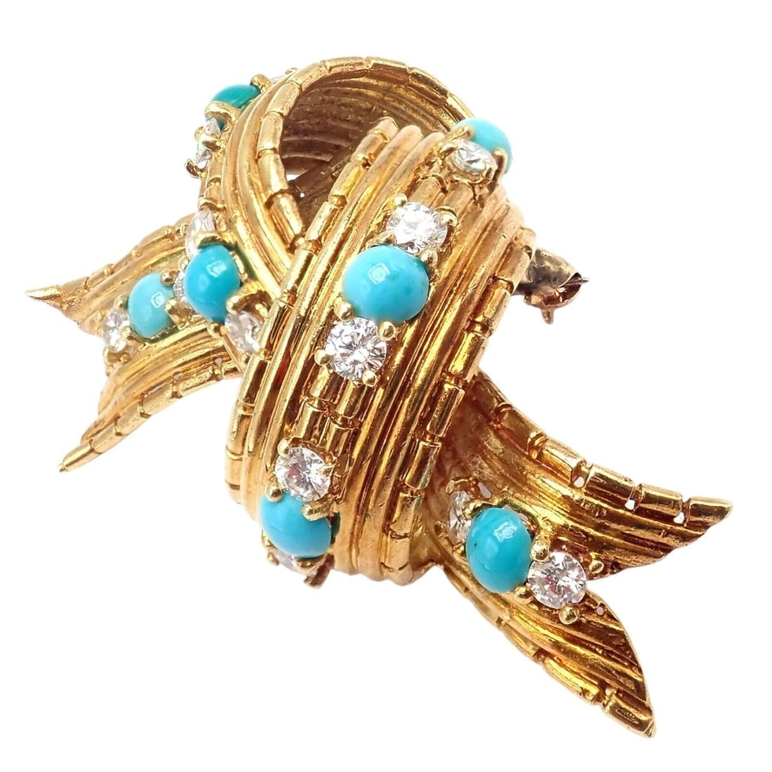 Vintage Tiffany & Co. 18k Yellow Gold Diamond Turquoise Bamboo Bow Pin Brooch - 10