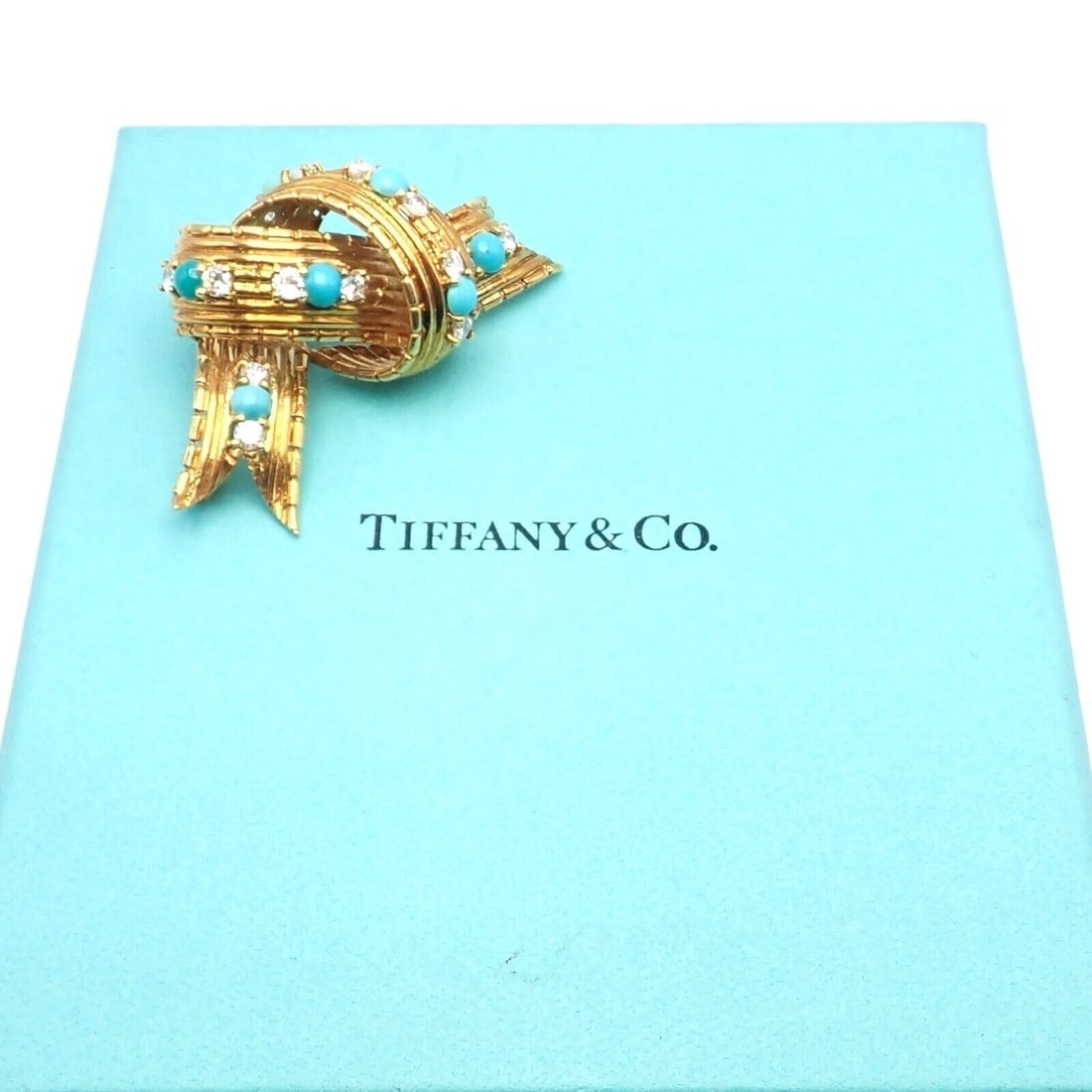 Vintage Tiffany & Co. 18k Yellow Gold Diamond Turquoise Bamboo Bow Pin Brooch - 3