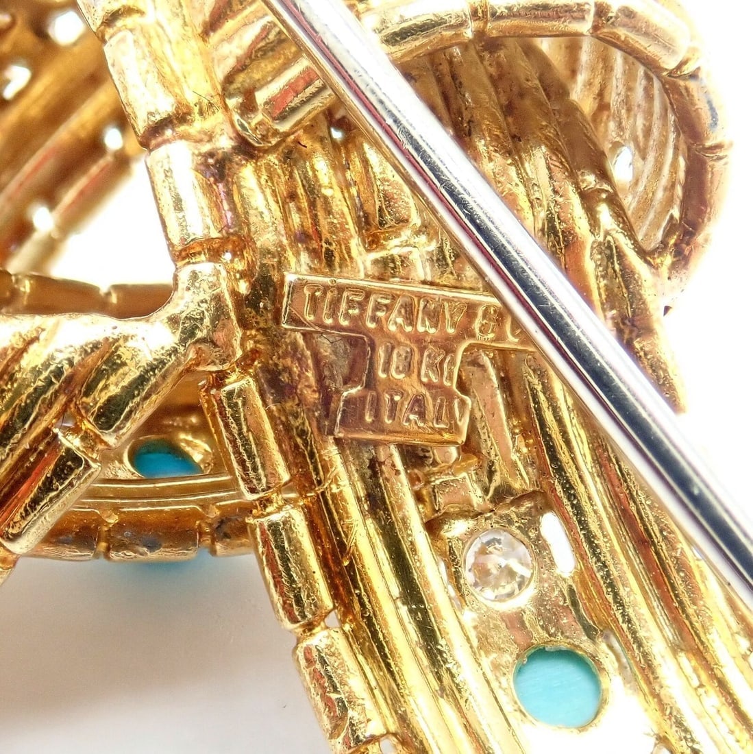 Vintage Tiffany & Co. 18k Yellow Gold Diamond Turquoise Bamboo Bow Pin Brooch - 4