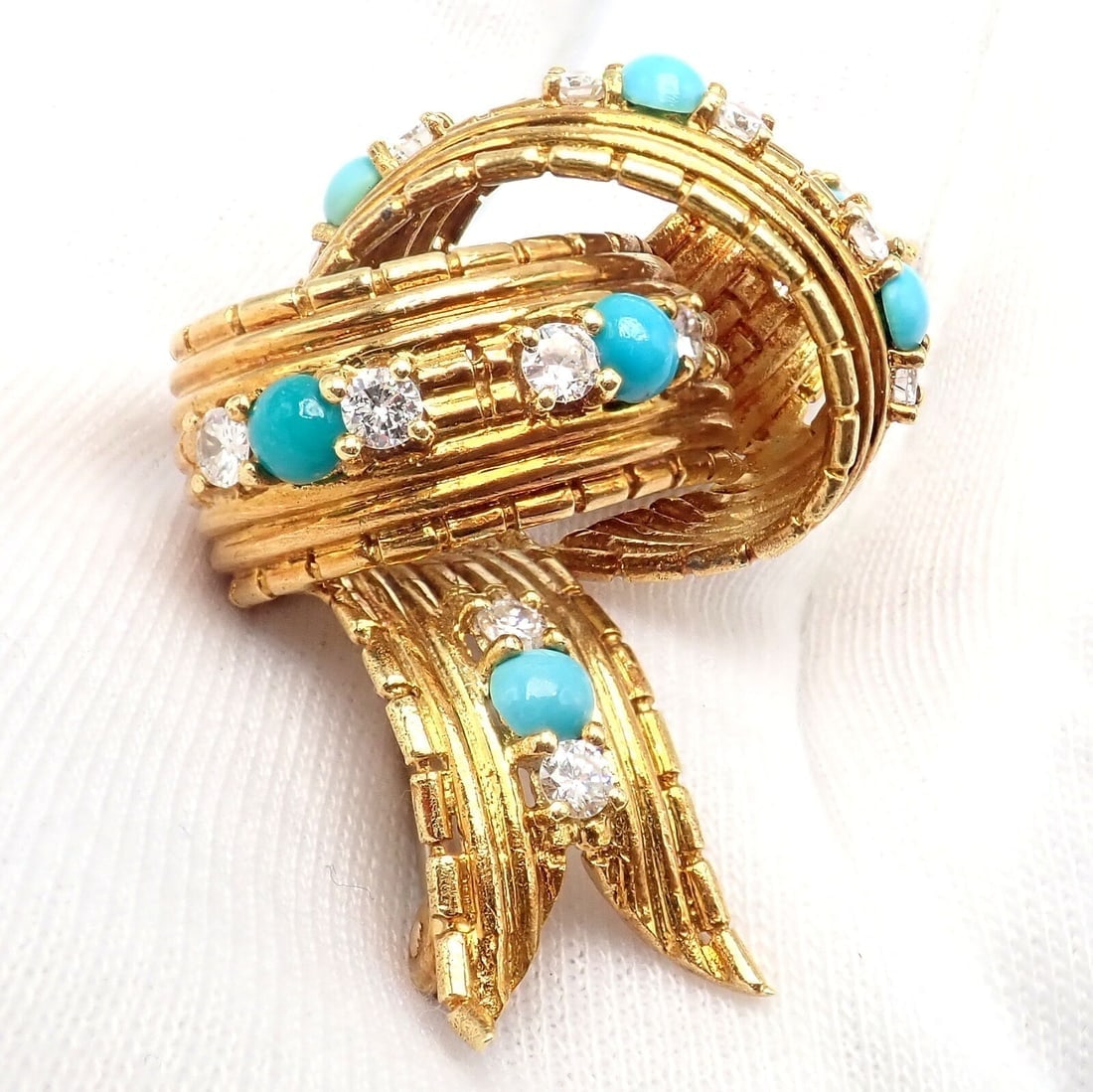 Vintage Tiffany & Co. 18k Yellow Gold Diamond Turquoise Bamboo Bow Pin Brooch - 5