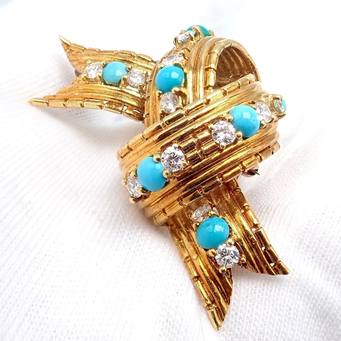 Vintage Tiffany & Co. 18k Yellow Gold Diamond Turquoise Bamboo Bow Pin Brooch - 6