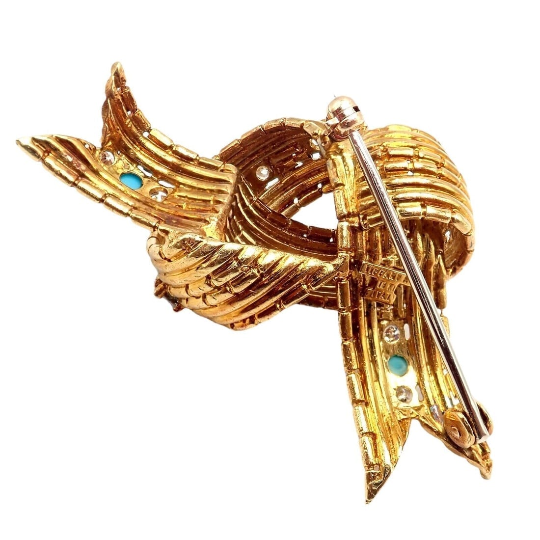 Vintage Tiffany & Co. 18k Yellow Gold Diamond Turquoise Bamboo Bow Pin Brooch - 8