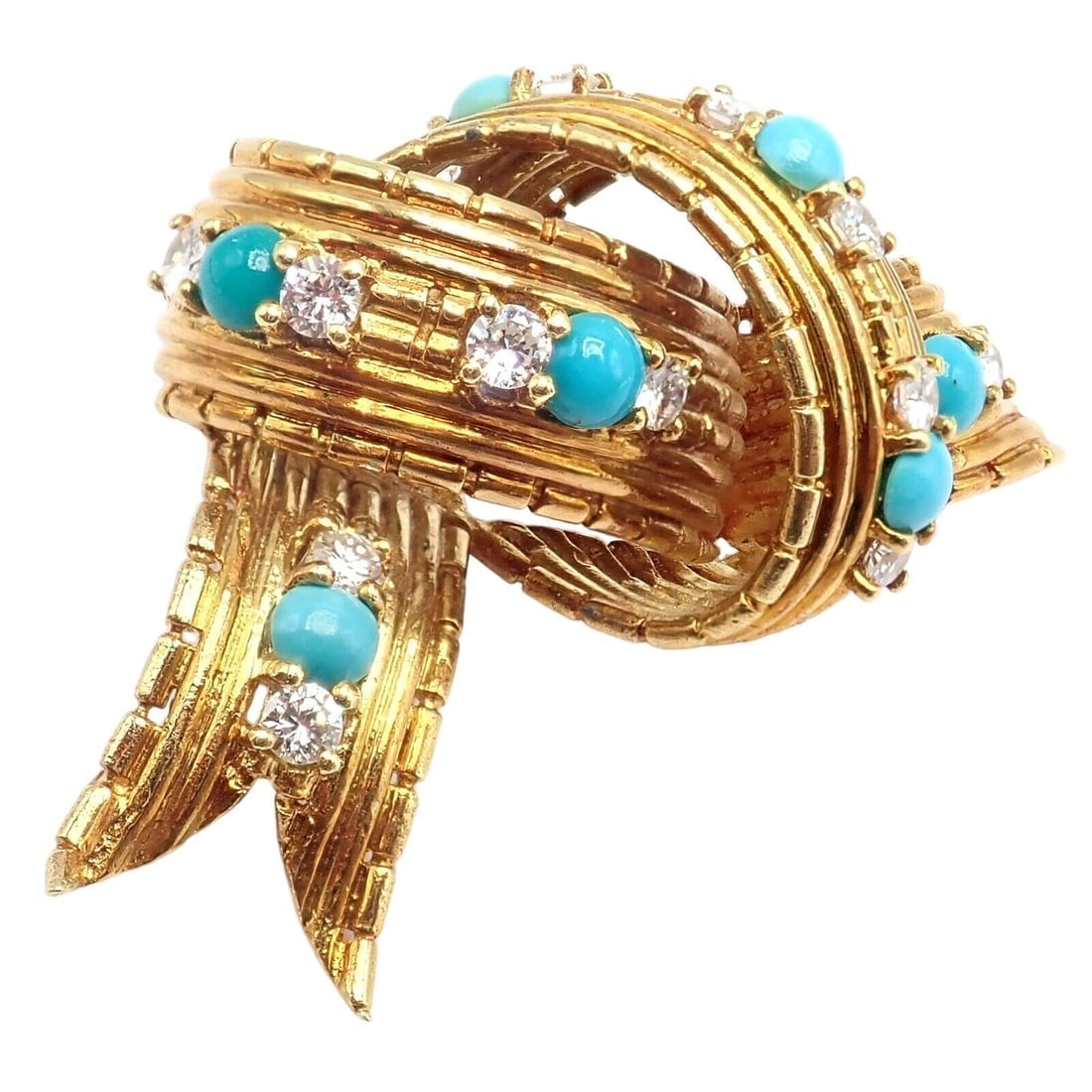 Vintage Tiffany & Co. 18k Yellow Gold Diamond Turquoise Bamboo Bow Pin Brooch - 9