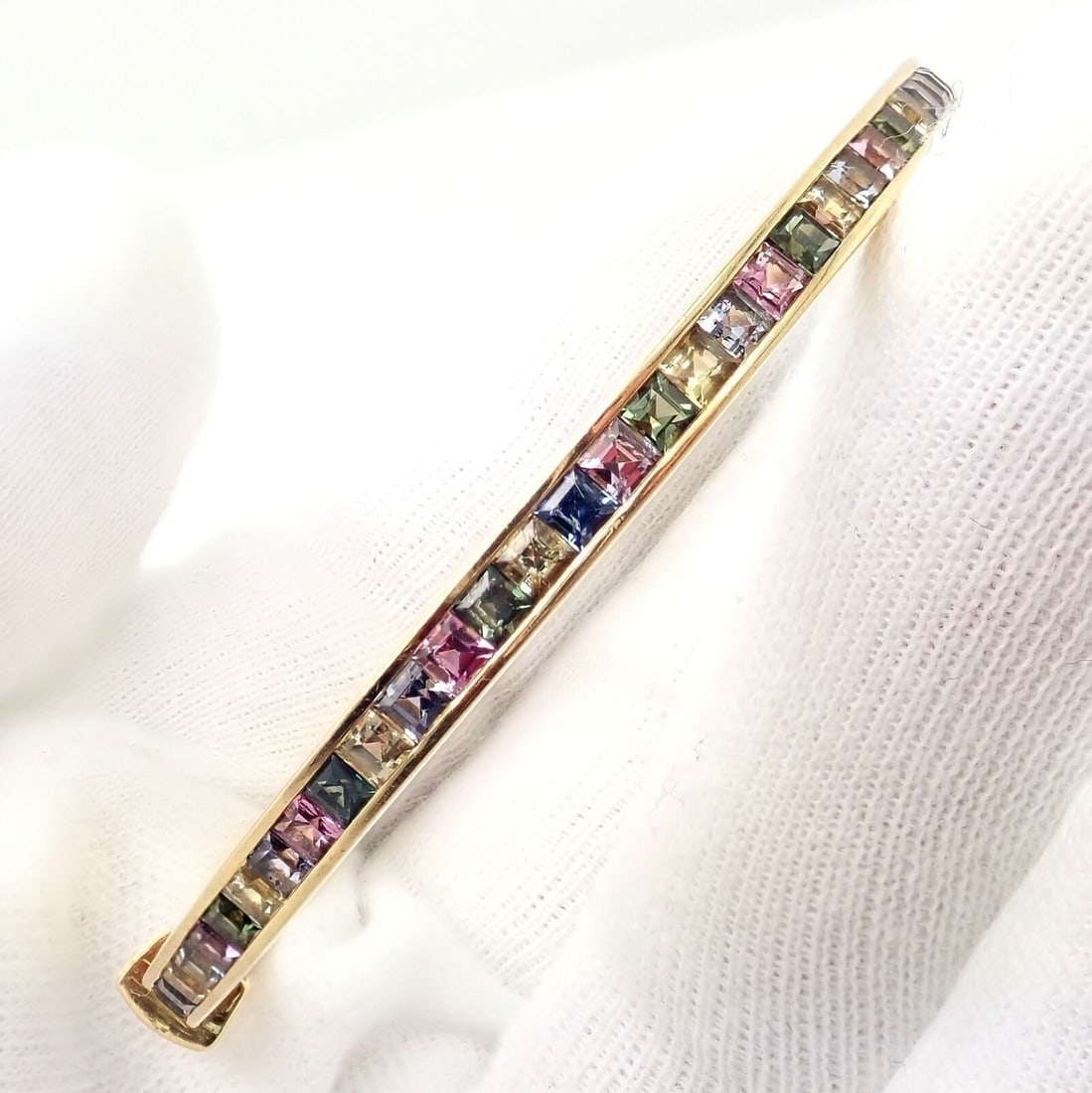 Authentic! Julius Cohen 18k Yellow Gold Diamond Pastel Color Stone Cuff Bracelet - 10