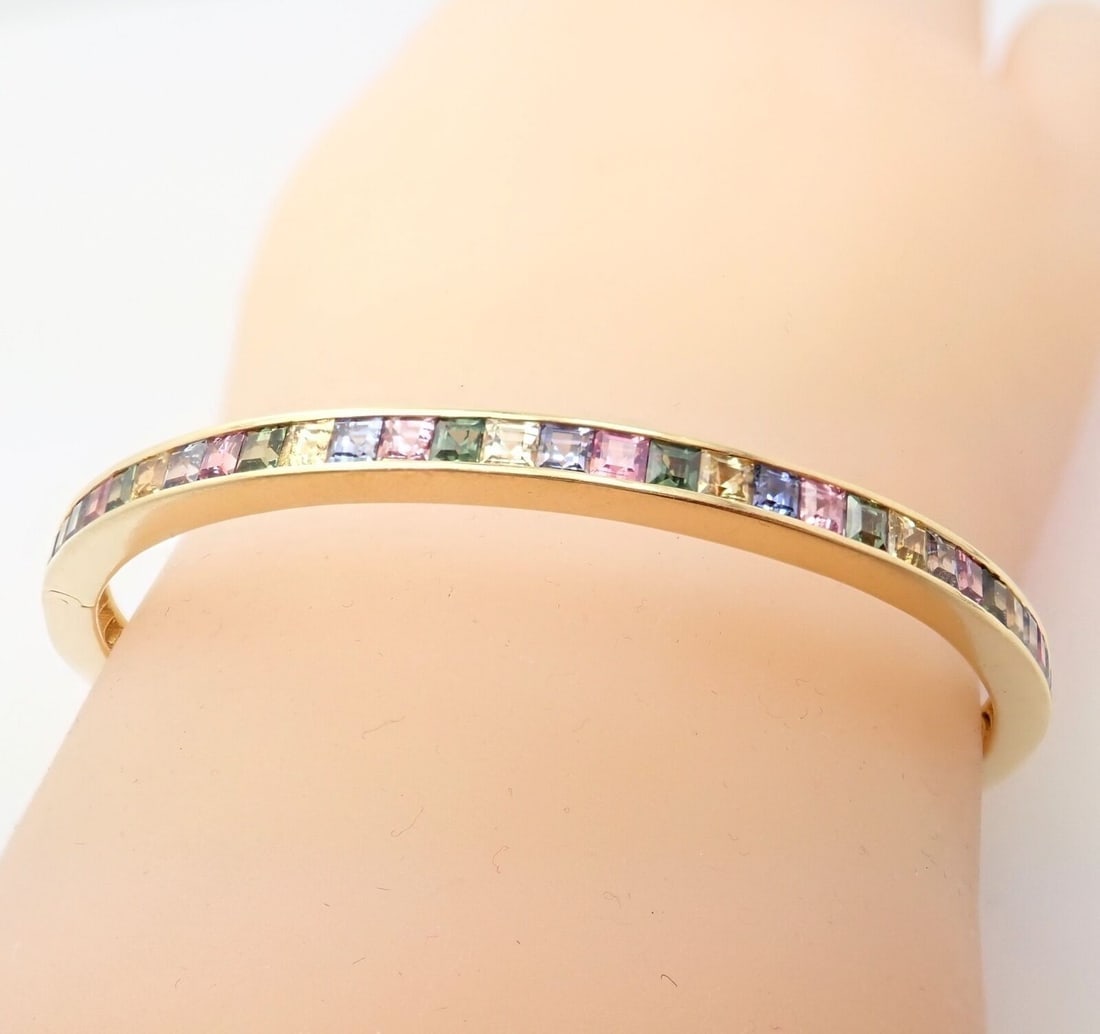 Authentic! Julius Cohen 18k Yellow Gold Diamond Pastel Color Stone Cuff Bracelet - 3