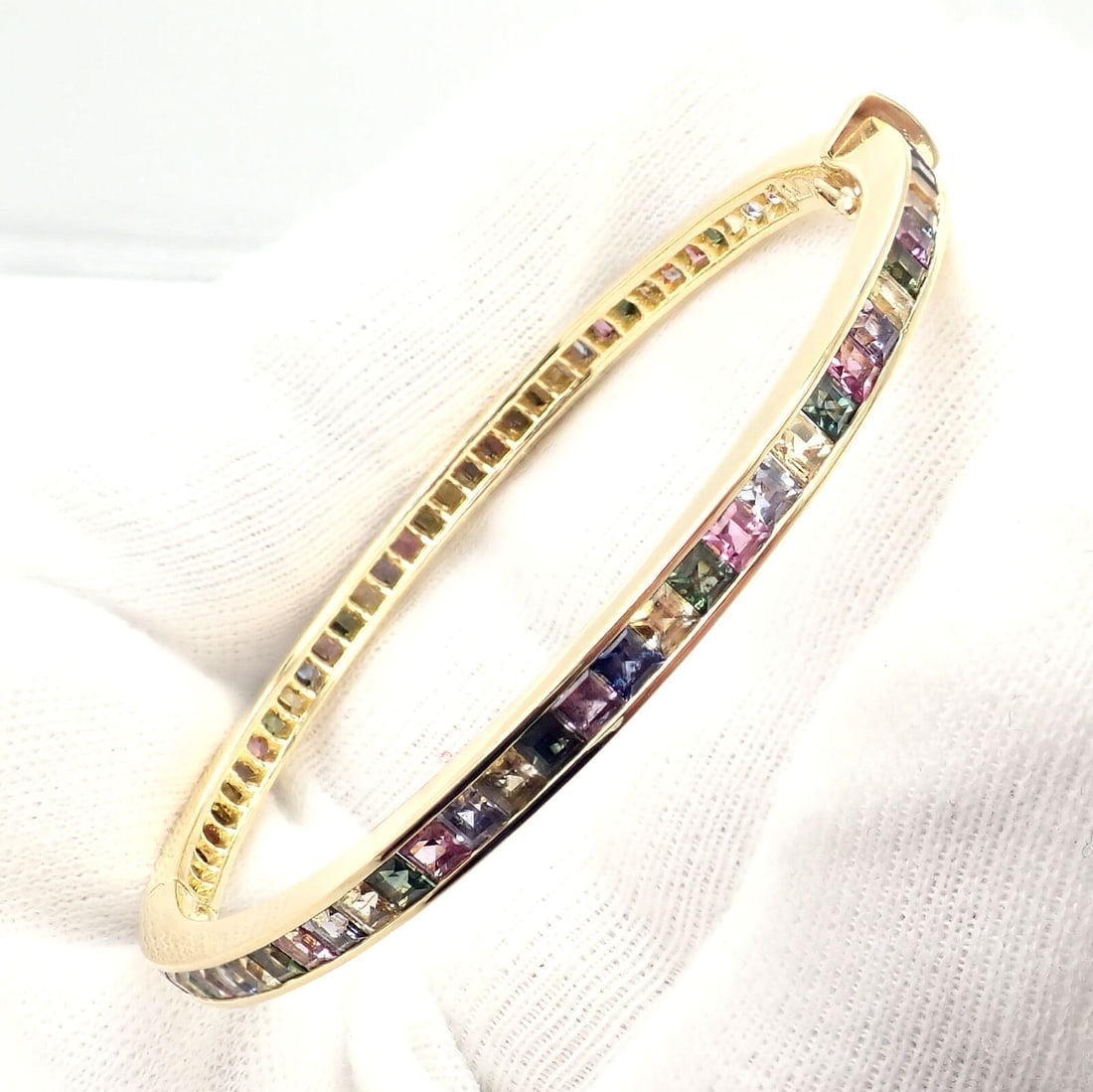 Authentic! Julius Cohen 18k Yellow Gold Diamond Pastel Color Stone Cuff Bracelet - 4